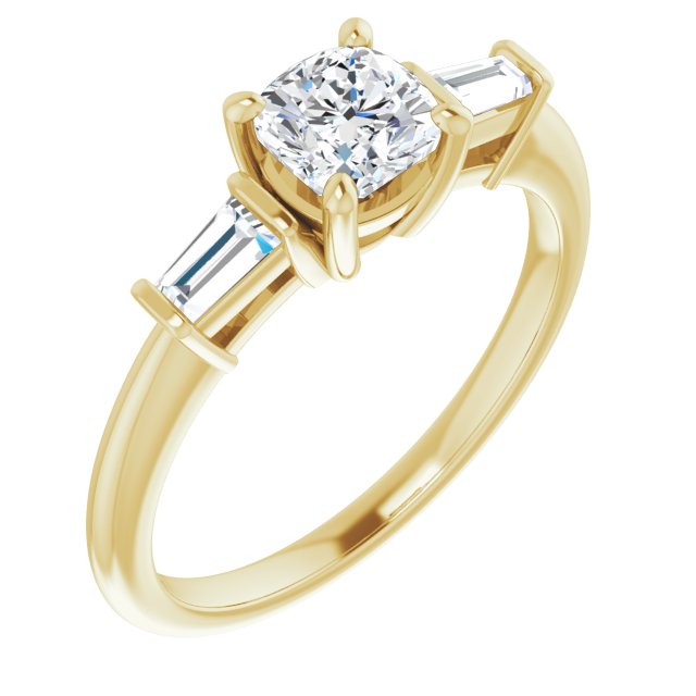 10K Yellow Gold Customizable 3-stone Cushion Cut Design with Dual Baguette Accents)