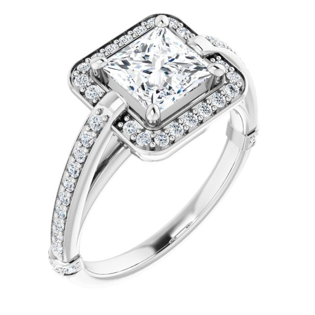 18K White Gold Customizable High-Cathedral Princess/Square Cut Design with Halo and Shared Prong Band