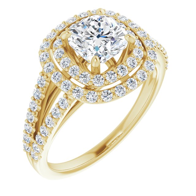 10K Yellow Gold Customizable Cushion Cut Design with Double Halo and Wide Split-Pavé Band
