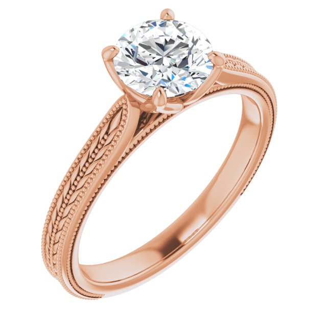 10K Rose Gold Customizable Round Cut Solitaire with Wheat-inspired Band 