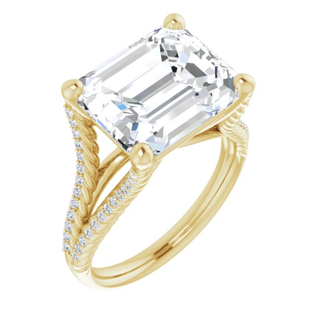 10K Yellow Gold Customizable Emerald/Radiant Cut Style with Split Band and Rope-Pavé
