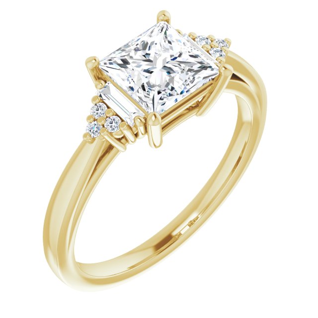 10K Yellow Gold Customizable 9-stone Design with Princess/Square Cut Center, Side Baguettes and Tri-Cluster Round Accents