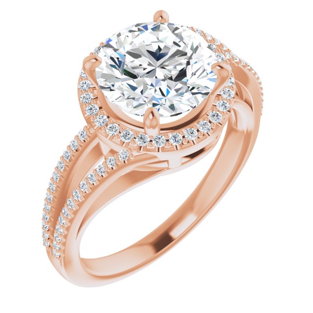 18K Rose Gold Customizable Round Cut Vintage Design with Halo Style and Asymmetrical Split-Pavé Band