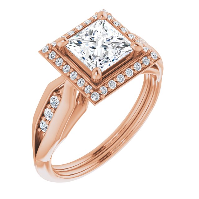 10K Rose Gold Customizable Cathedral-raised Princess/Square Cut Design with Halo and Tri-Cluster Band Accents