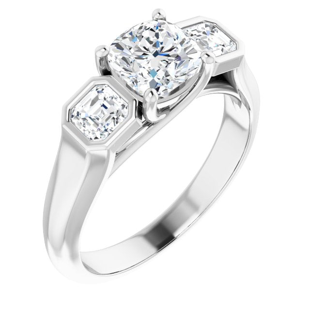 10K White Gold Customizable 3-stone Cathedral Cushion Cut Design with Twin Asscher Cut Side Stones