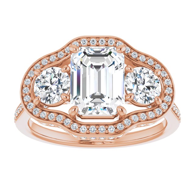 Cubic Zirconia Engagement Ring- The Iekika (Customizable 3-stone Emerald Cut Design with Multi-Halo Enhancement and 150+-stone Pavé Band)
