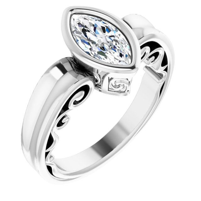 10K White Gold Customizable Bezel-set Marquise Cut Solitaire with Wide 3-sided Band