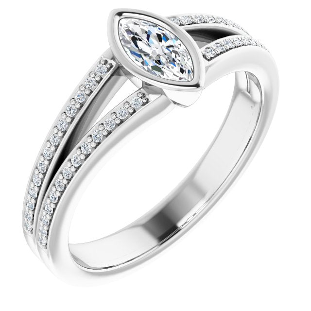 10K White Gold Customizable Bezel-set Marquise Cut Design with Split Shared Prong Band