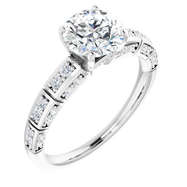 14K White Gold Customizable Round Cut Style with Three-sided, Segmented Shared Prong Band