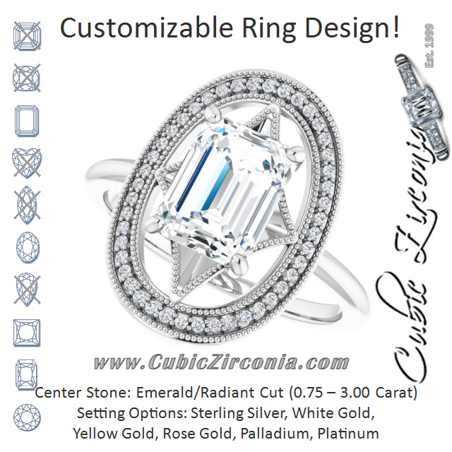 Cubic Zirconia Engagement Ring- The Mireya (Customizable Kite-Rhombus Emerald Cut Design with Beaded Milgrain & Halo Accents)