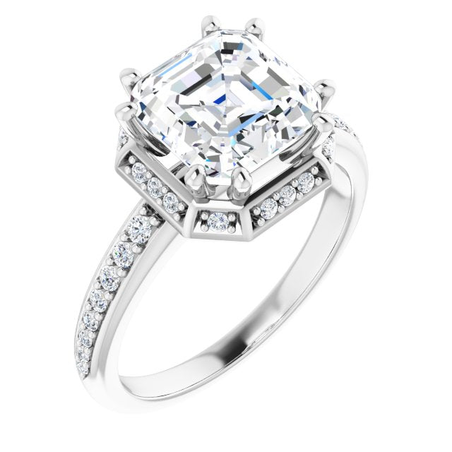 10K White Gold Customizable Asscher Cut Design with Geometric Under-Halo and Shared Prong Band