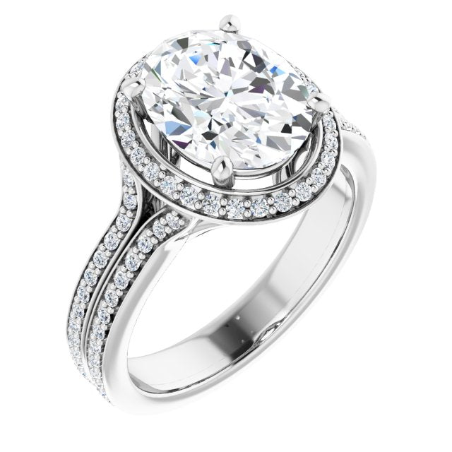10K White Gold Customizable Cathedral-raised Oval Cut Setting with Halo and Shared Prong Band