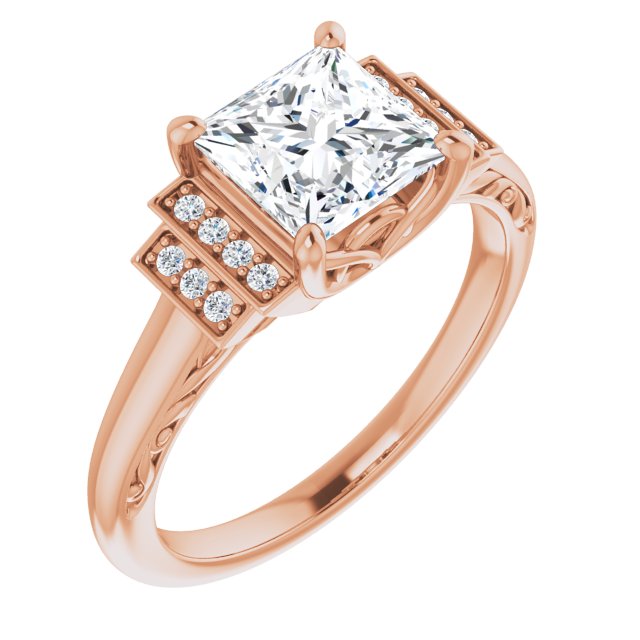 10K Rose Gold Customizable Engraved Design with Princess/Square Cut Center and Perpendicular Band Accents
