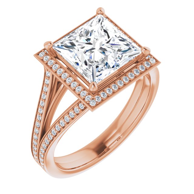 10K Rose Gold Customizable Princess/Square Cut Design with Split-Band Shared Prong & Halo