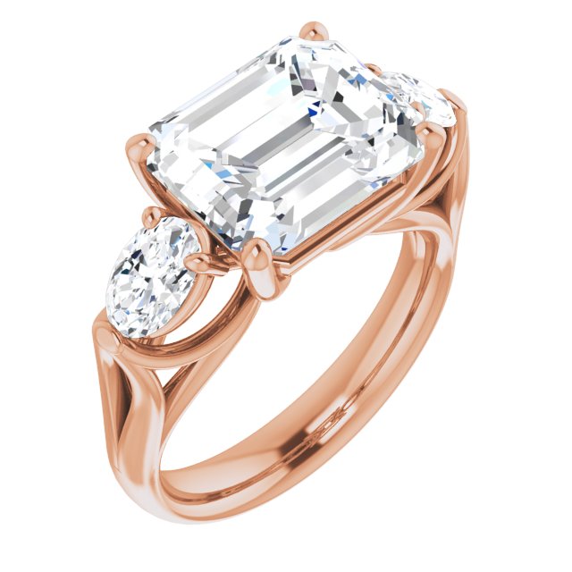 10K Rose Gold Customizable Cathedral-set 3-stone Emerald/Radiant Cut Style with Dual Oval Cut Accents & Wide Split Band