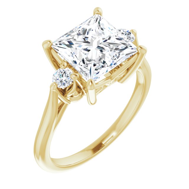 10K Yellow Gold Customizable Three-stone Princess/Square Cut Design with Small Round Accents and Vintage Trellis/Basket