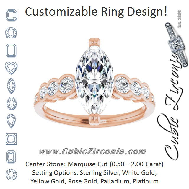 Cubic Zirconia Engagement Ring- The Jeanna (Customizable Marquise Cut 7-stone Style Enhanced with Bezel Accents and Shared Prong Band)