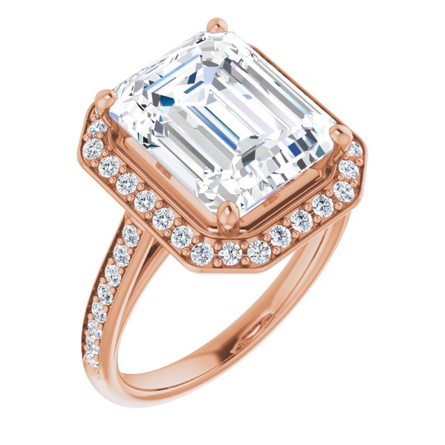 10K Rose Gold Customizable Cathedral-raised Emerald/Radiant Cut Halo-and-Accented Band Design