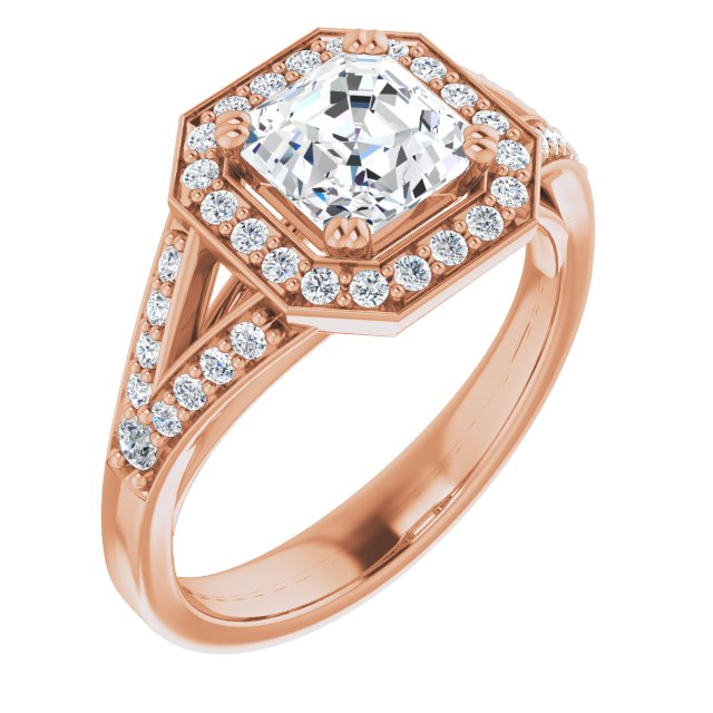 10K Rose Gold Customizable Cathedral-set Asscher Cut Style with Accented Split Band and Halo