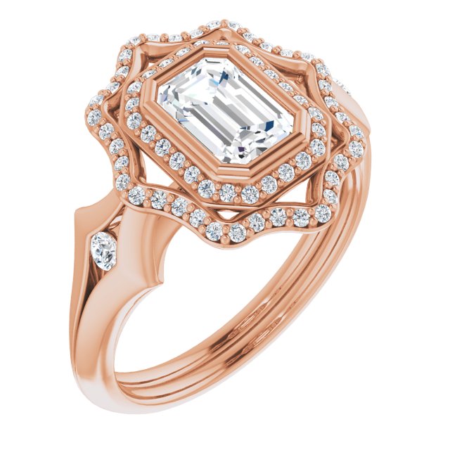 10K Rose Gold Customizable Cathedral-bezel Emerald/Radiant Cut Design with Floral Double Halo and Channel-Accented Split Band
