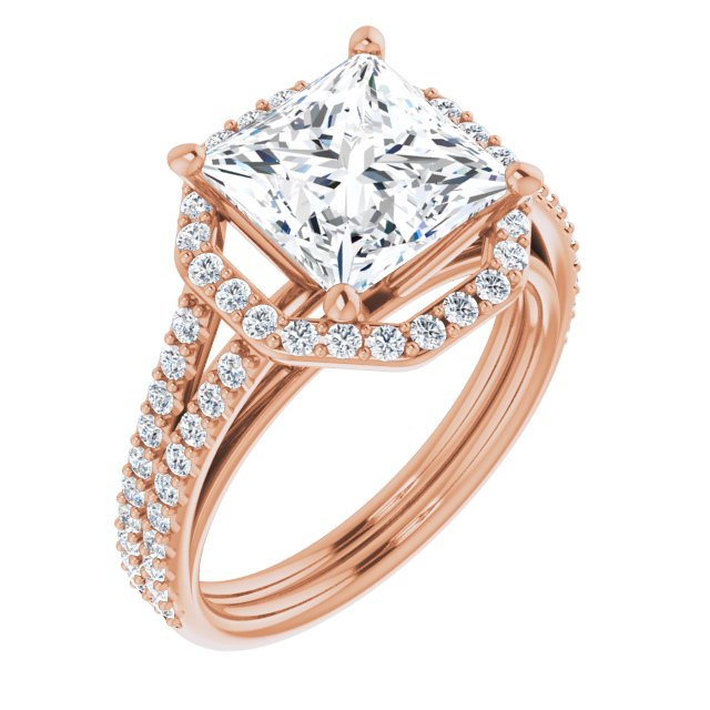 10K Rose Gold Customizable Cathedral Princess/Square Cut Design with Geometric Halo & Split Pavé Band