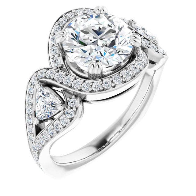 Cubic Zirconia Engagement Ring- The Ana Miranda (Customizable Round Cut Center with Twin Trillion Accents, Twisting Shared Prong Split Band, and Halo)