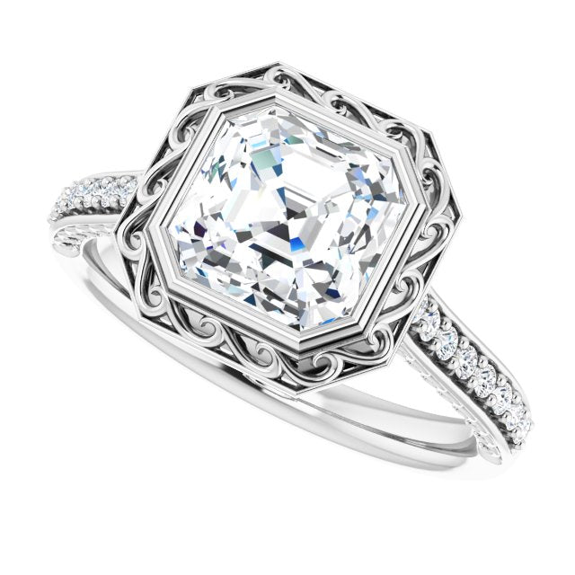 Cubic Zirconia Engagement Ring- The Itzayana (Customizable Cathedral-Bezel Asscher Cut Design featuring Accented Band with Filigree Inlay)
