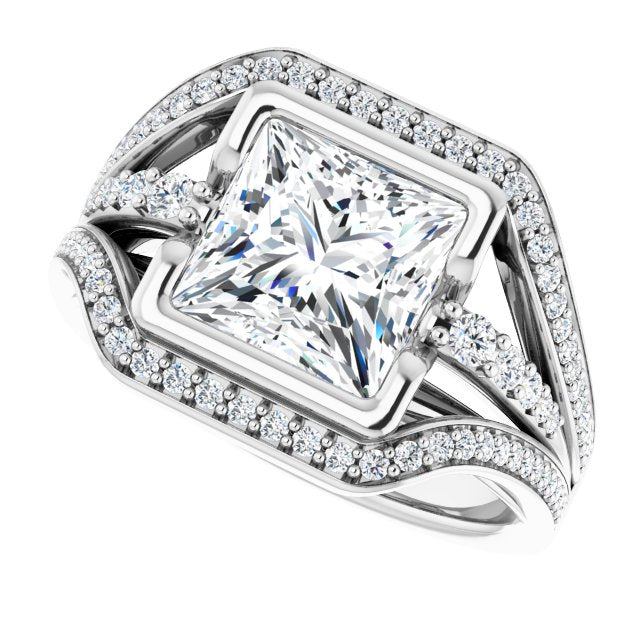 Cubic Zirconia Engagement Ring- The Paola (Customizable Cathedral-Bezel Princess/Square Cut Design with Wide Triple-Split-Pavé Band)