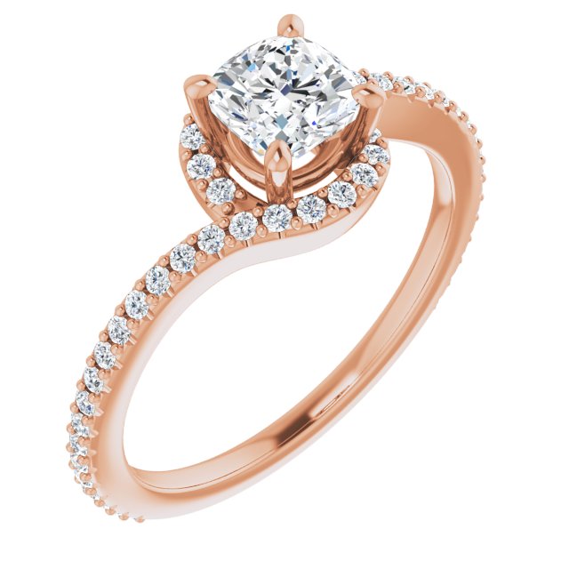 10K Rose Gold Customizable Artisan Cushion Cut Design with Thin, Accented Bypass Band