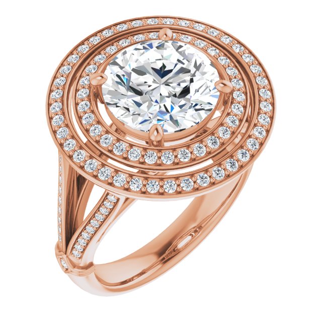 18K Rose Gold Customizable Cathedral-set Round Cut Design with Double Halo, Wide Split-Shared Prong Band and Side Knuckle Accents
