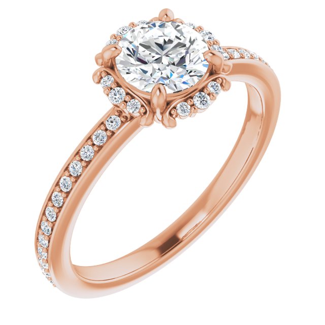 10K Rose Gold Customizable Round Cut Style with Halo and Thin Shared Prong Band