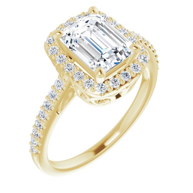 Cubic Zirconia Engagement Ring- The Zaya (Customizable Cathedral-Crown Emerald Cut Design with Halo and Accented Band)
