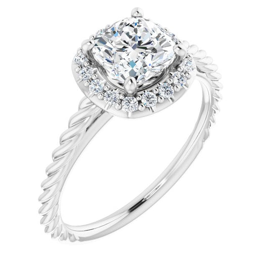 10K White Gold Customizable Cathedral-set Cushion Cut Design with Halo and Twisty Rope Band