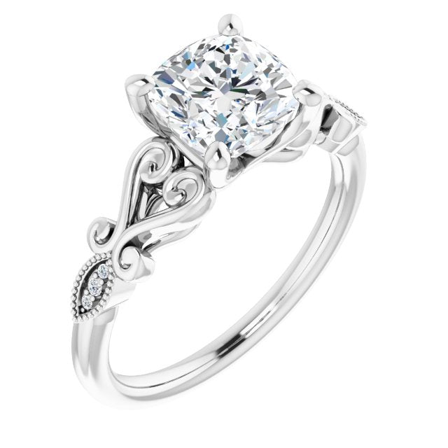 Platinum Customizable 7-stone Design with Cushion Cut Center Plus Sculptural Band and Filigree