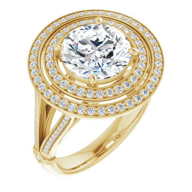 10K Yellow Gold Customizable Cathedral-set Round Cut Design with Double Halo, Wide Split-Shared Prong Band and Side Knuckle Accents