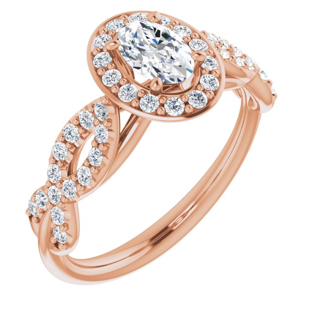 10K Rose Gold Customizable Cathedral-Halo Oval Cut Design with Artisan Infinity-inspired Twisting Pavé Band