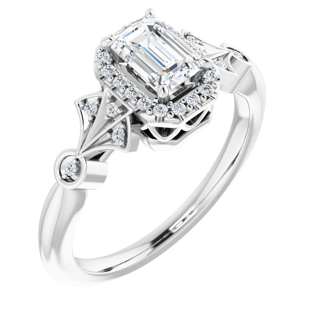 10K White Gold Customizable Cathedral-Crown Emerald/Radiant Cut Design with Halo and Scalloped Side Stones