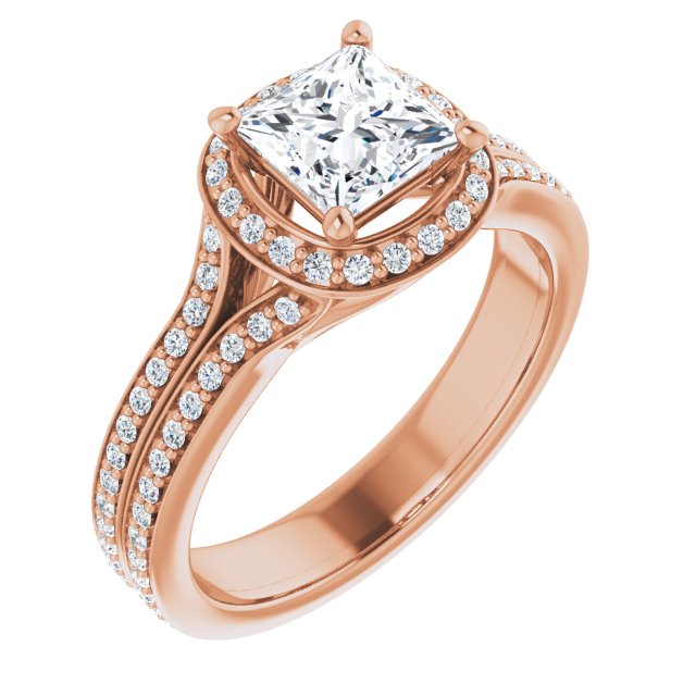 10K Rose Gold Customizable Cathedral-raised Princess/Square Cut Setting with Halo and Shared Prong Band