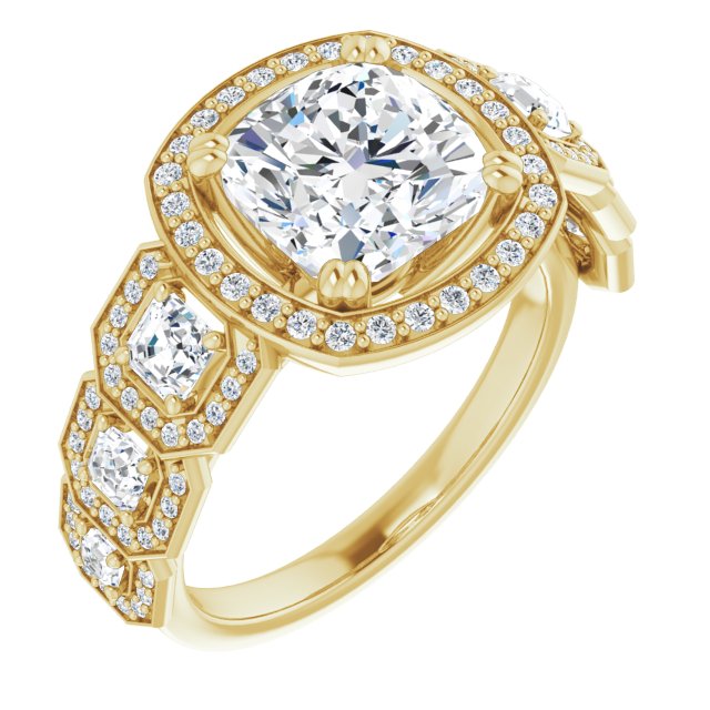 10K Yellow Gold Customizable Cathedral-Halo Cushion Cut Design with Six Halo-surrounded Asscher Cut Accents and Ultra-wide Band