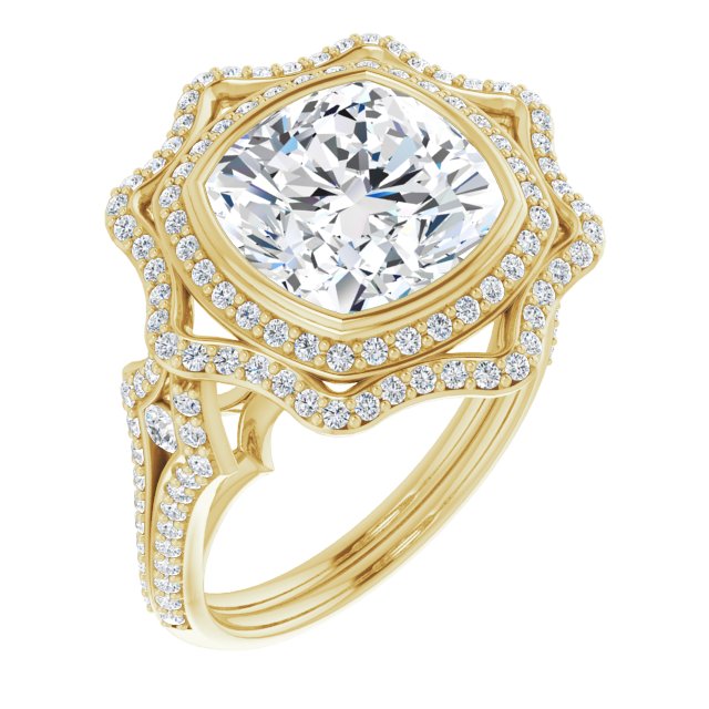 10K Yellow Gold Customizable Cushion Cut Style with Ultra-wide Pavé Split-Band and Nature-Inspired Double Halo