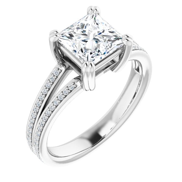 10K White Gold Customizable Princess/Square Cut Center with 100-stone* "Waterfall" Pavé Split Band