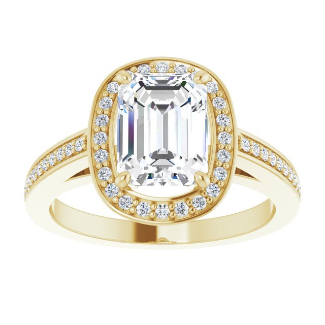 Cubic Zirconia Engagement Ring- The Roseanne (Customizable Cathedral-set Emerald Cut Design with Halo, Thin Shared Prong Band & Round-Bezel Peekaboos)