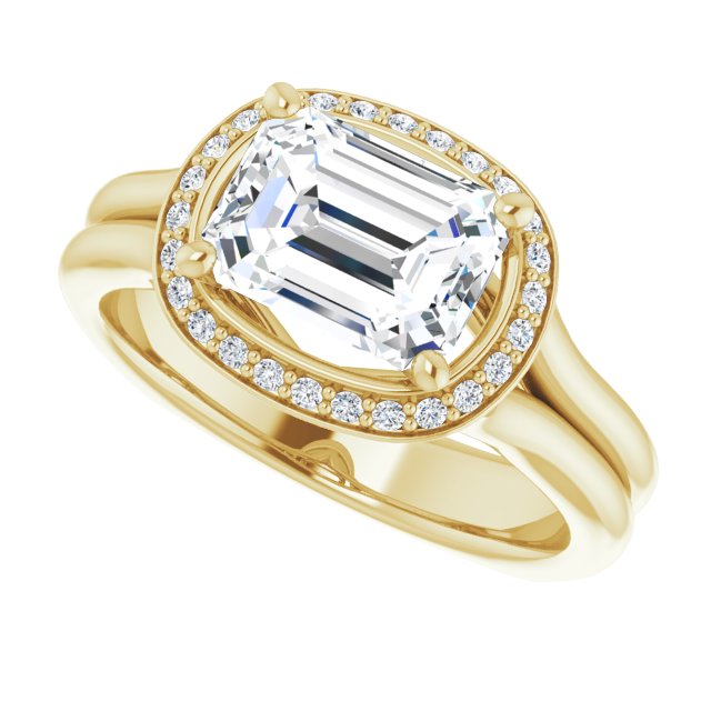 Cubic Zirconia Engagement Ring- The Elaine Li (Customizable Emerald Cut Style with Halo, Wide Split Band and Euro Shank)