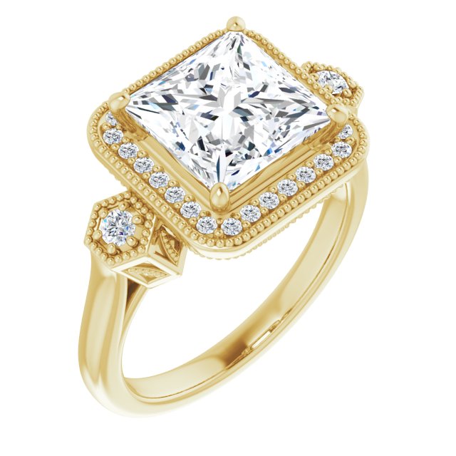 10K Yellow Gold Customizable Cathedral Princess/Square Cut Design with Halo and Delicate Milgrain