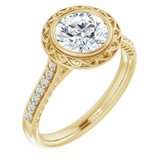10K Yellow Gold Customizable Cathedral-Bezel Round Cut Design featuring Accented Band with Filigree Inlay