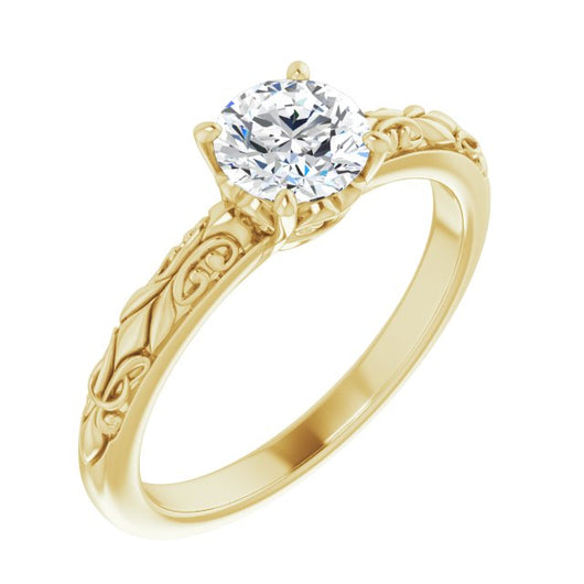 10K Yellow Gold Customizable Round Cut Solitaire featuring Delicate Metal Scrollwork