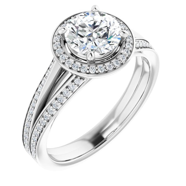 10K White Gold Customizable Round Cut Design with Split-Band Shared Prong & Halo