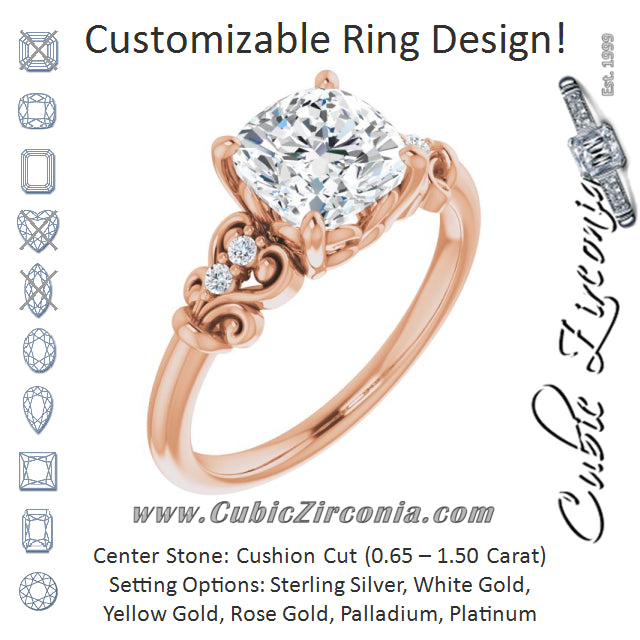 Cubic Zirconia Engagement Ring- The Amice (Customizable Vintage 5-stone Design with Cushion Cut Center and Artistic Band Décor)