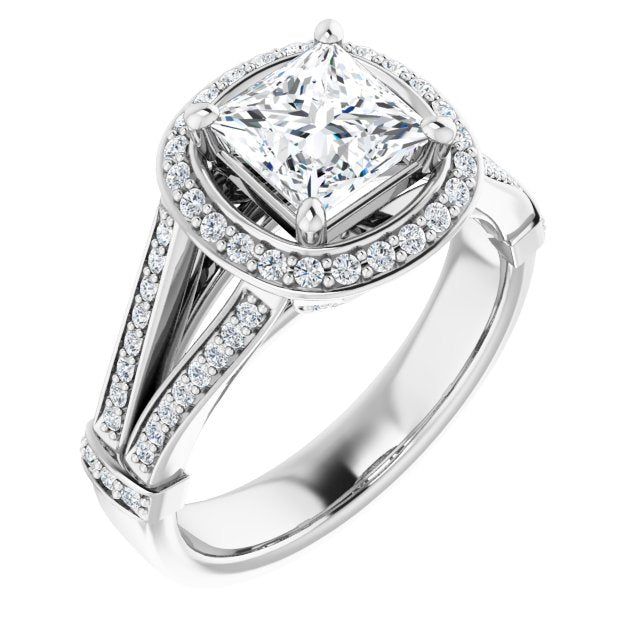 10K White Gold Customizable Princess/Square Cut Setting with Halo, Under-Halo Trellis Accents and Accented Split Band