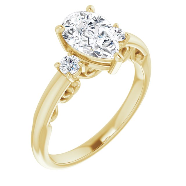 10K Yellow Gold Customizable Pear Cut 3-stone Style featuring Heart-Motif Band Enhancement